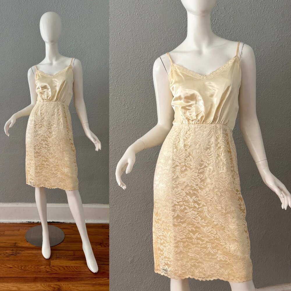 Vintage 80s Ivory Satin Lace SYLVIA ANN Sheath Wedding Party Dress S